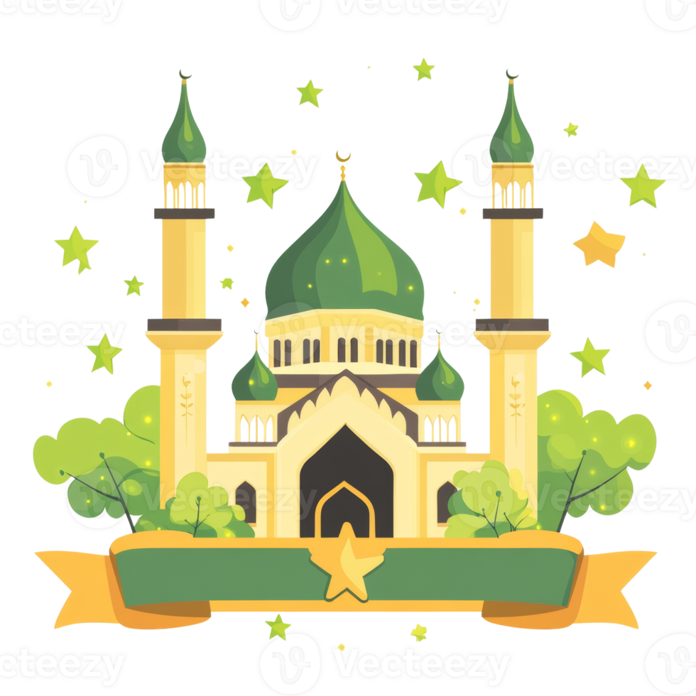 Majestic Mosque with Green Domes and Minarets png