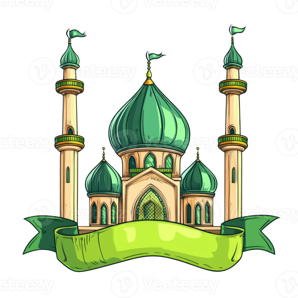 Green Domed Mosque with Tall Minarets and Banner png
