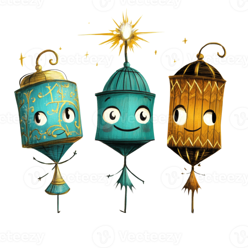 Three whimsical lantern characters celebrate under a sparkling star png