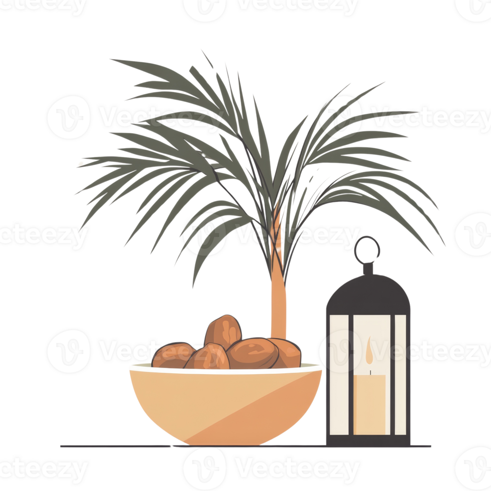 Dates in a bowl with a palm tree and lantern png