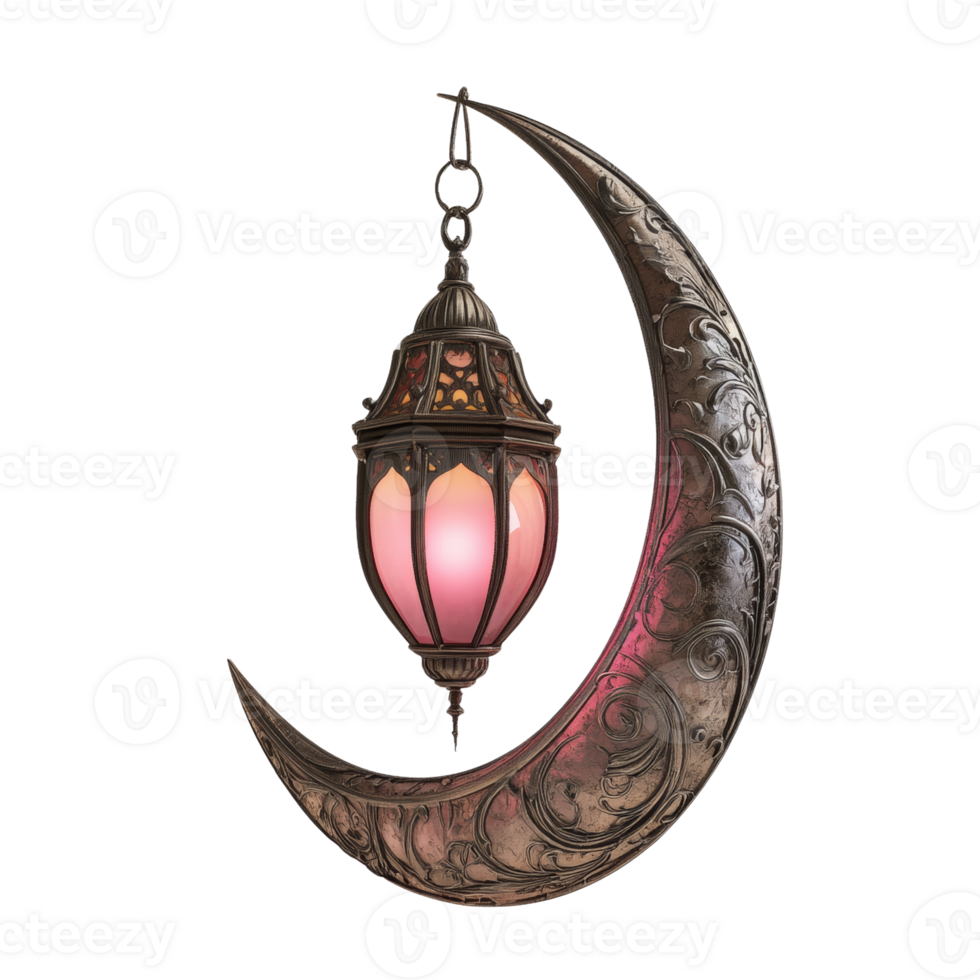 Ornate Crescent Moon Holds Glowing Ramadan Lantern png
