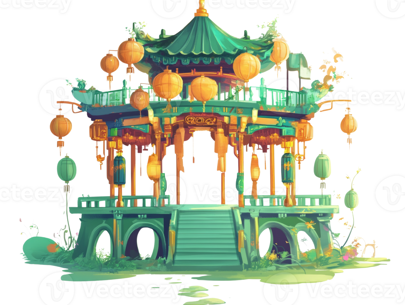 Serene Asian Pavilion Lanterns Garden Scene png