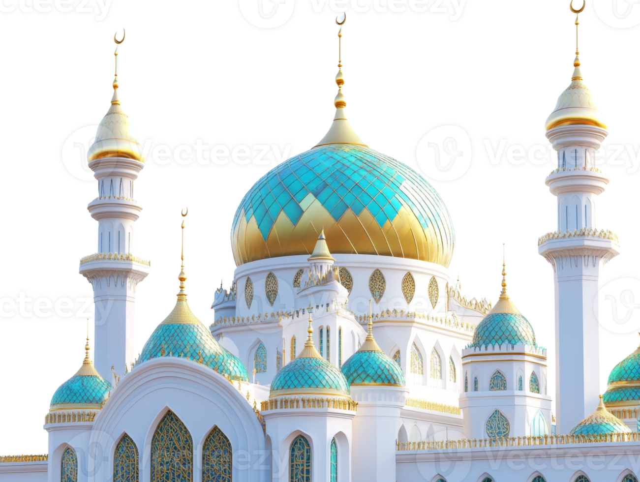 Majestic Mosque Architecture Featuring Turquoise Domes and Golden Accents png