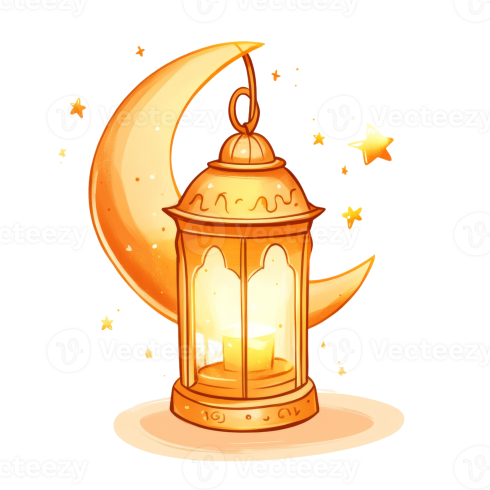 Golden Lantern Illuminated Under Crescent Moon and Stars png