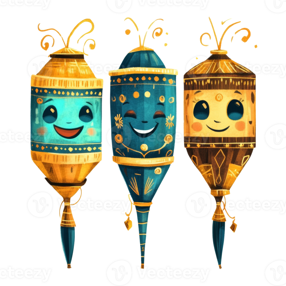 Three Happy Cartoon Lanterns Displayed Together png