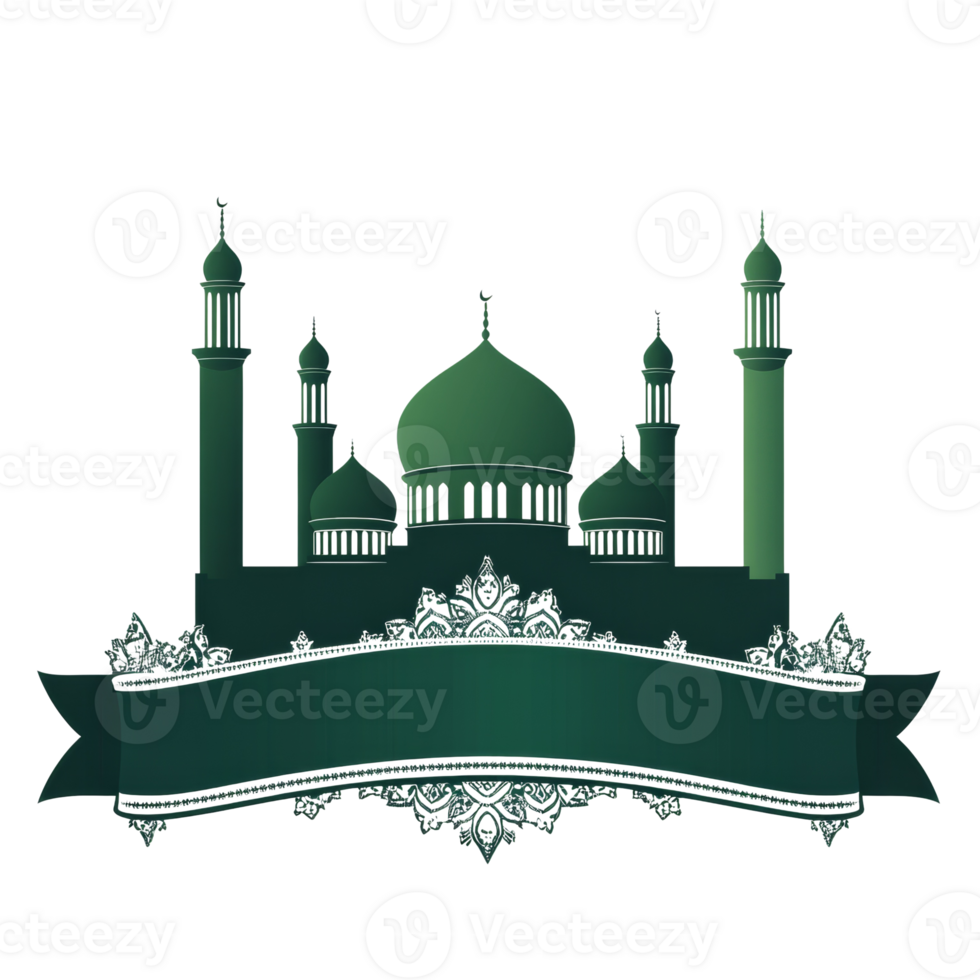Elegant Green Mosque Illustration with Ornate Banner png