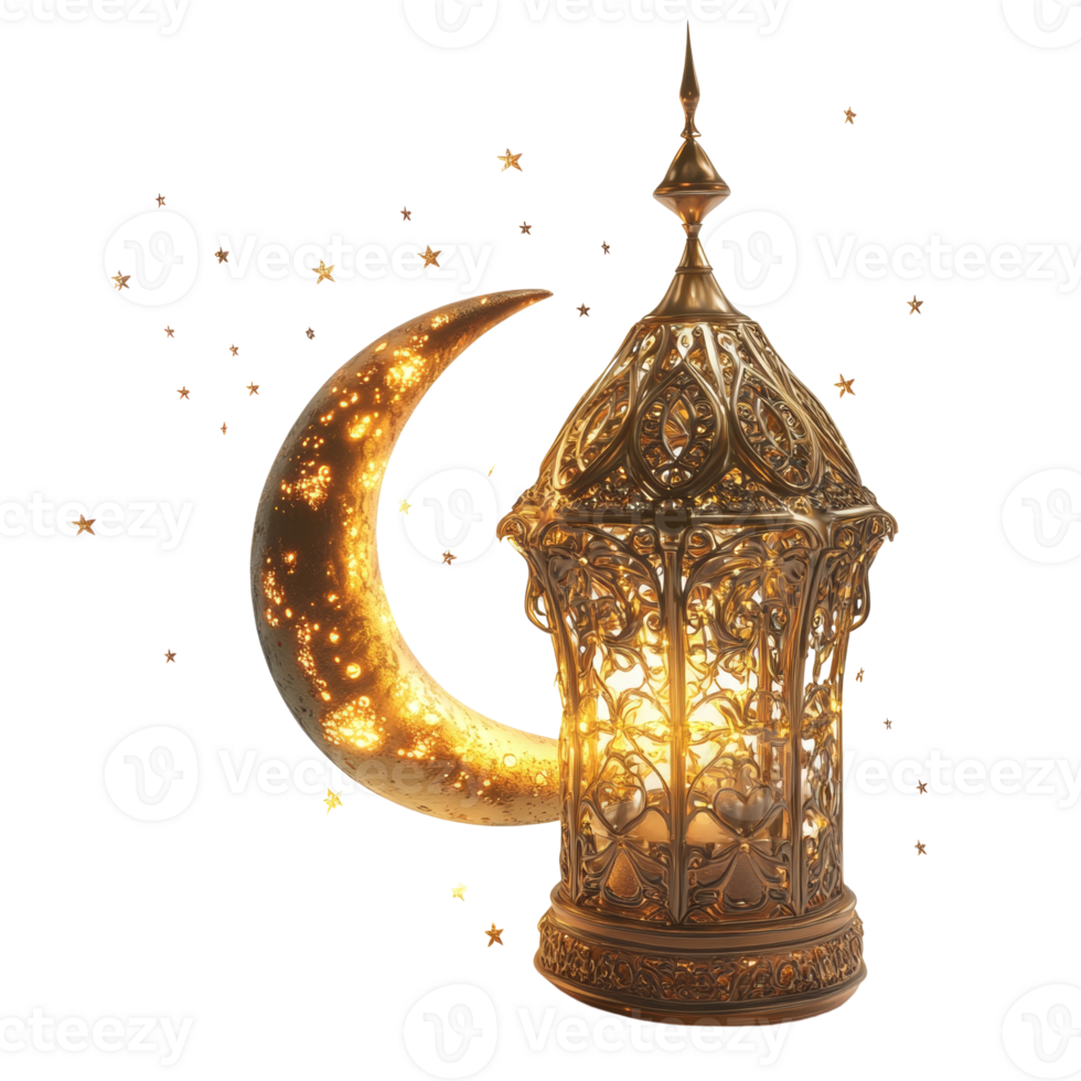 Golden Ramadan Lantern and Crescent Moon with Stars png