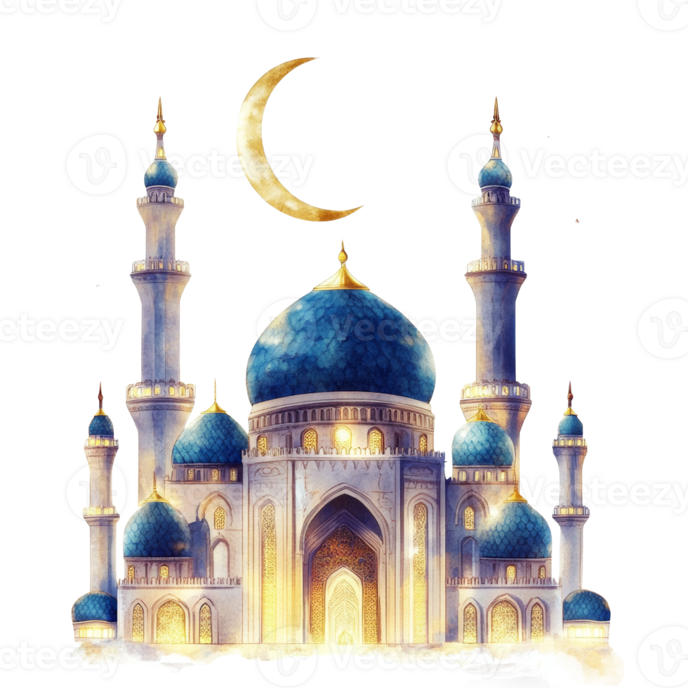 Majestic Mosque Illuminated at Night Under Crescent Moon png