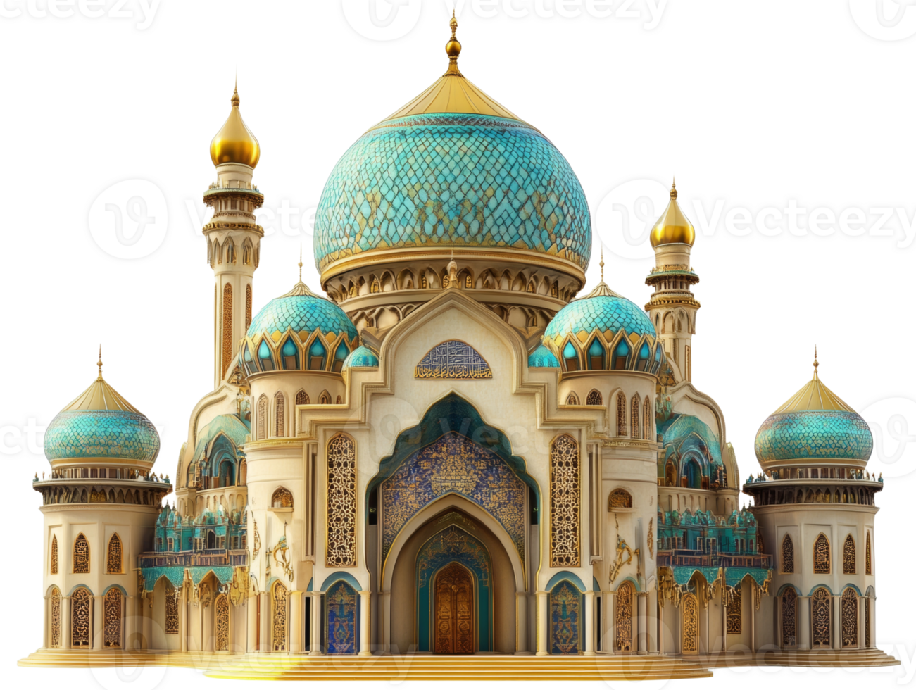 Majestic Mosque Architectural Design Blue Gold Domes png