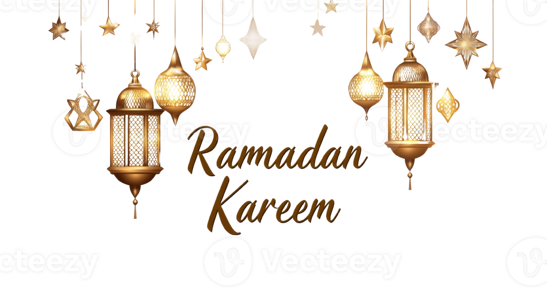 Ramadan Kareem greeting with golden lanterns and stars png