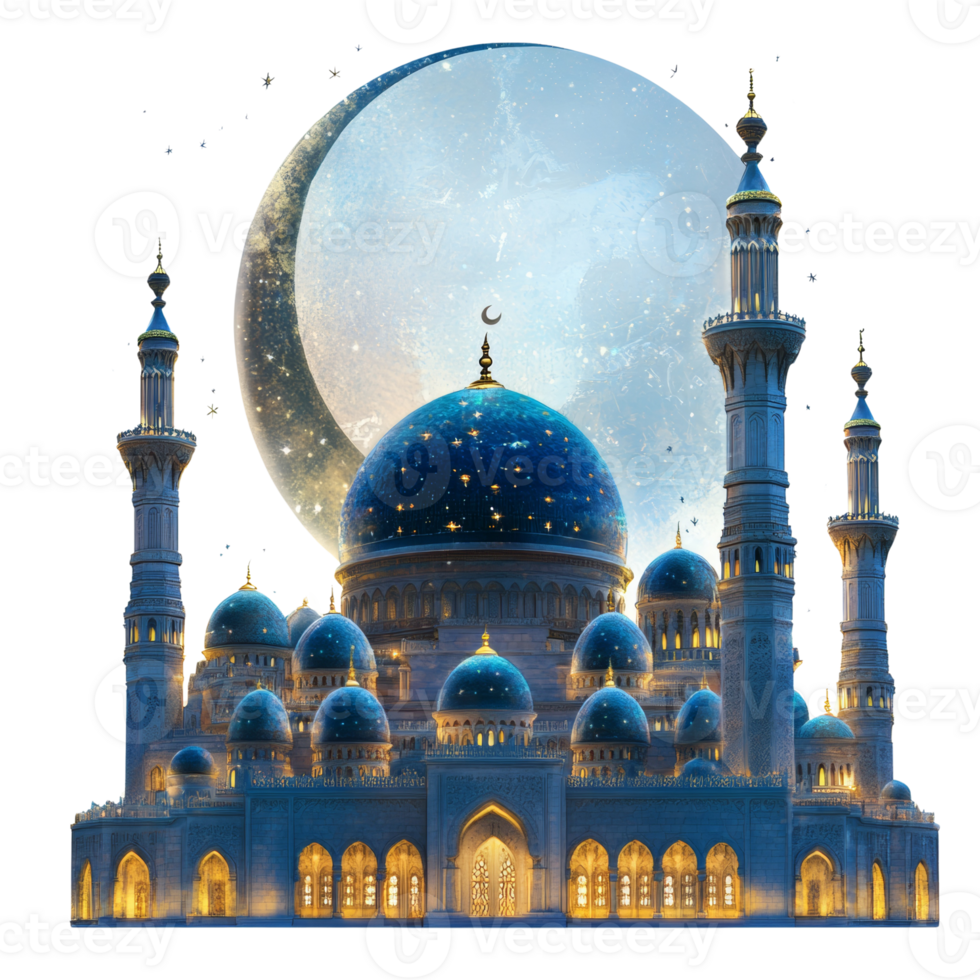 Majestic Mosque Illuminated Under A Crescent Moon png