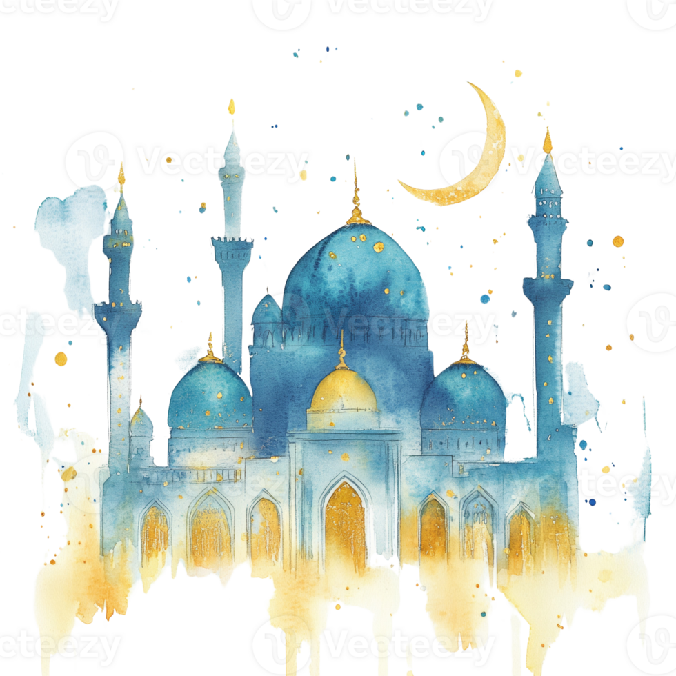 Watercolor Painting of a Majestic Mosque at Night png