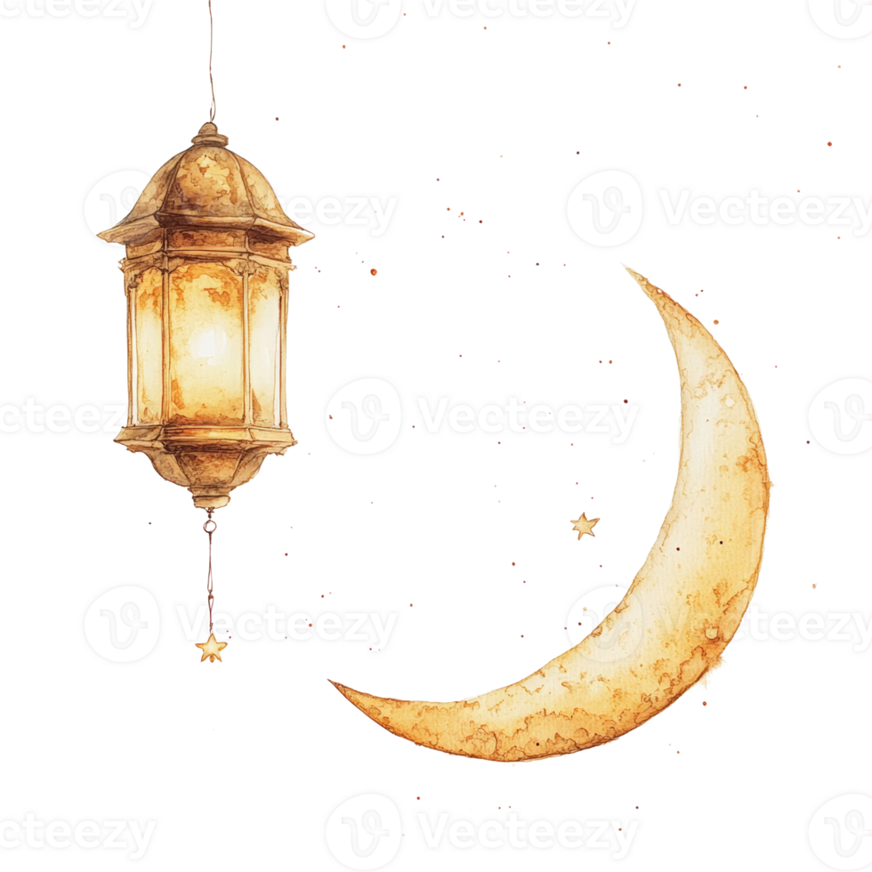 Watercolor painting of a crescent moon and hanging lantern png