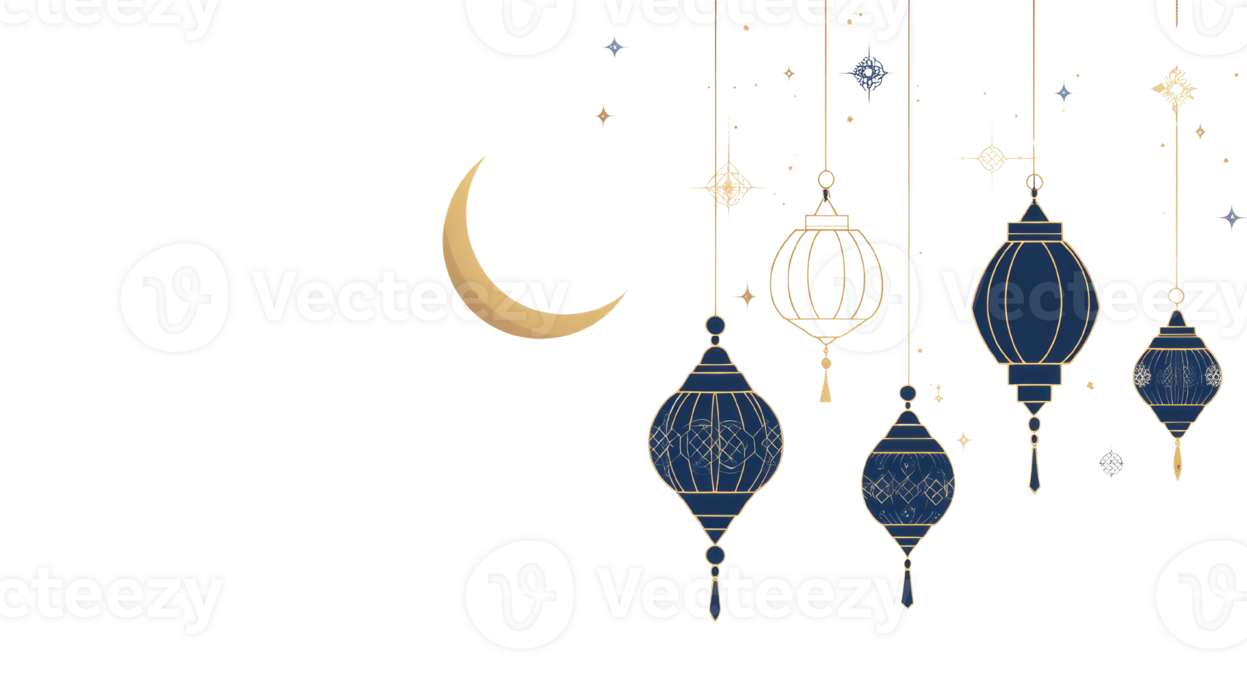 Crescent Moon and Elegant Lanterns Hanging in Night Sky png