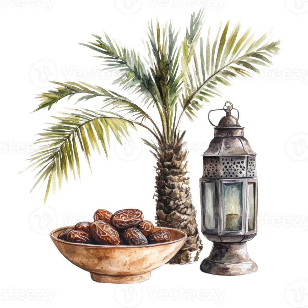 Watercolor Painting of Dates Palm and Lantern. cut out png