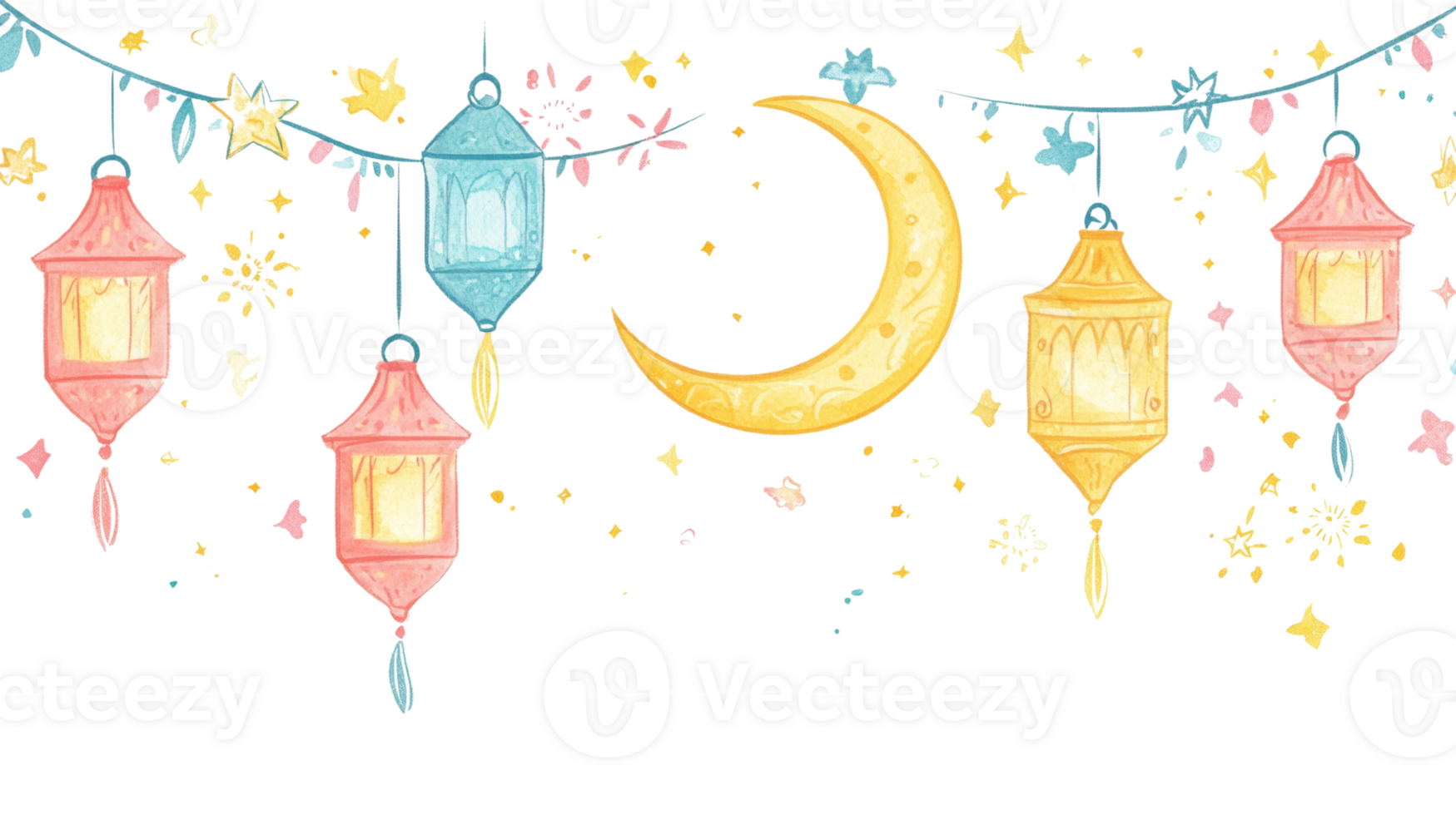Festive Ramadan Lanterns and Crescent Moon Decor png