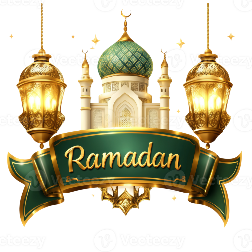 Ramadan Greeting Featuring Mosque and Lanterns png