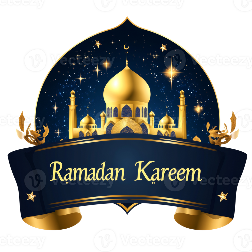 Ramadan Kareem Greeting with Golden Mosque and Stars png