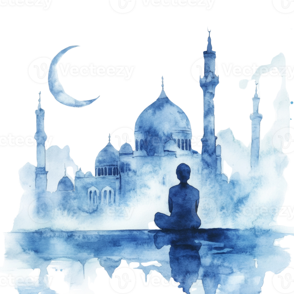 Serene Silhouette Meditating Before a Mosque Under the Moon png