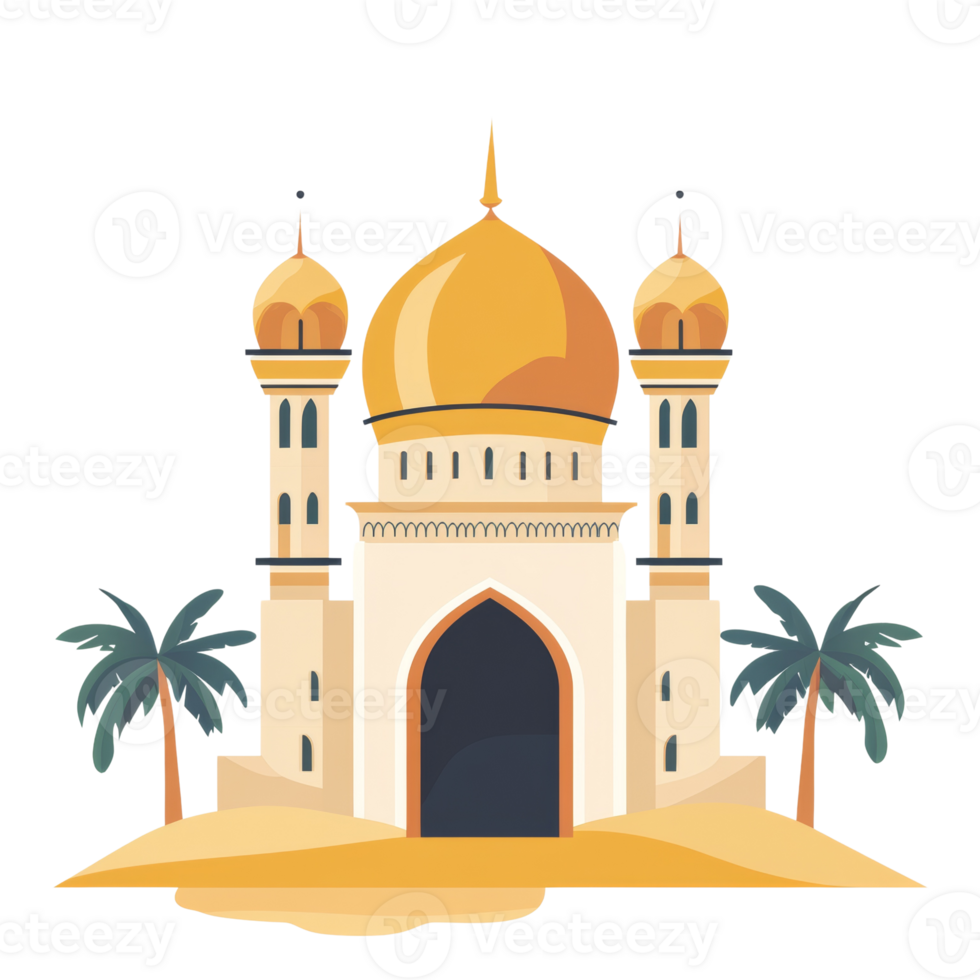 Elegant Mosque Structure Amidst Palm Trees and Sand png