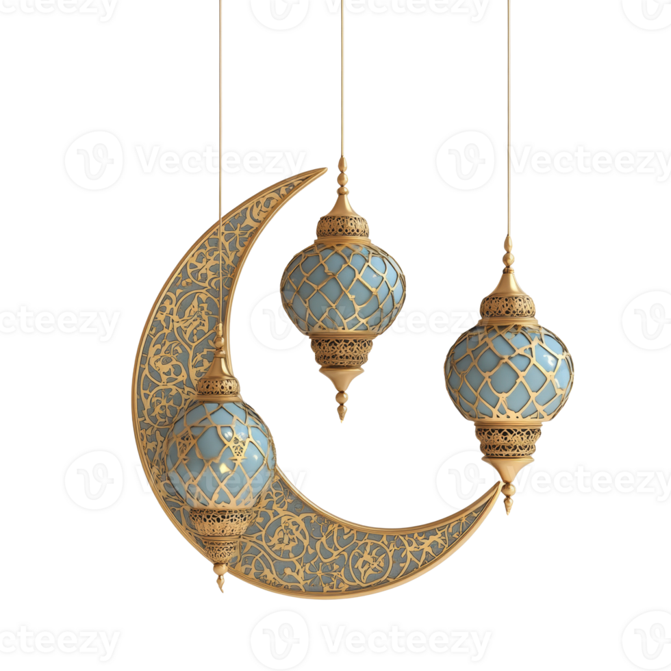 Ornate Crescent Moon with Hanging Lanterns Decor png