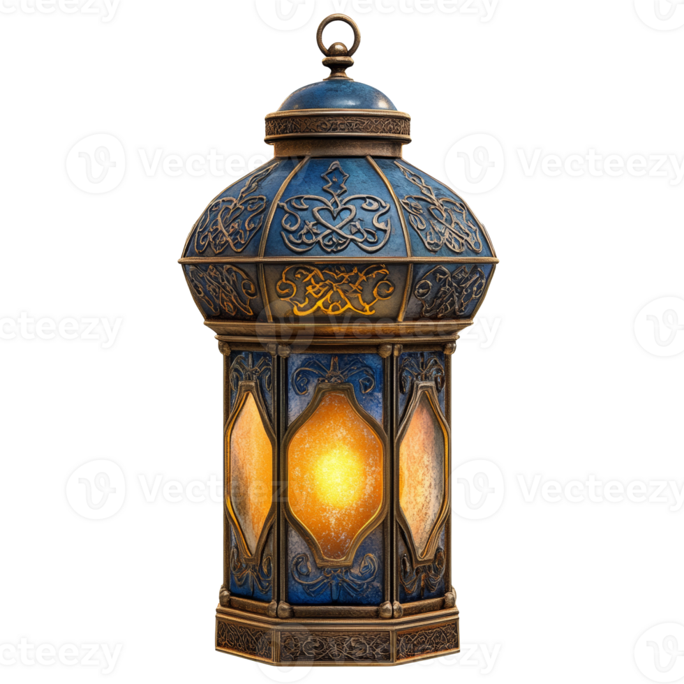 Ornate Blue and Gold Lantern Illuminated With Warm Light png