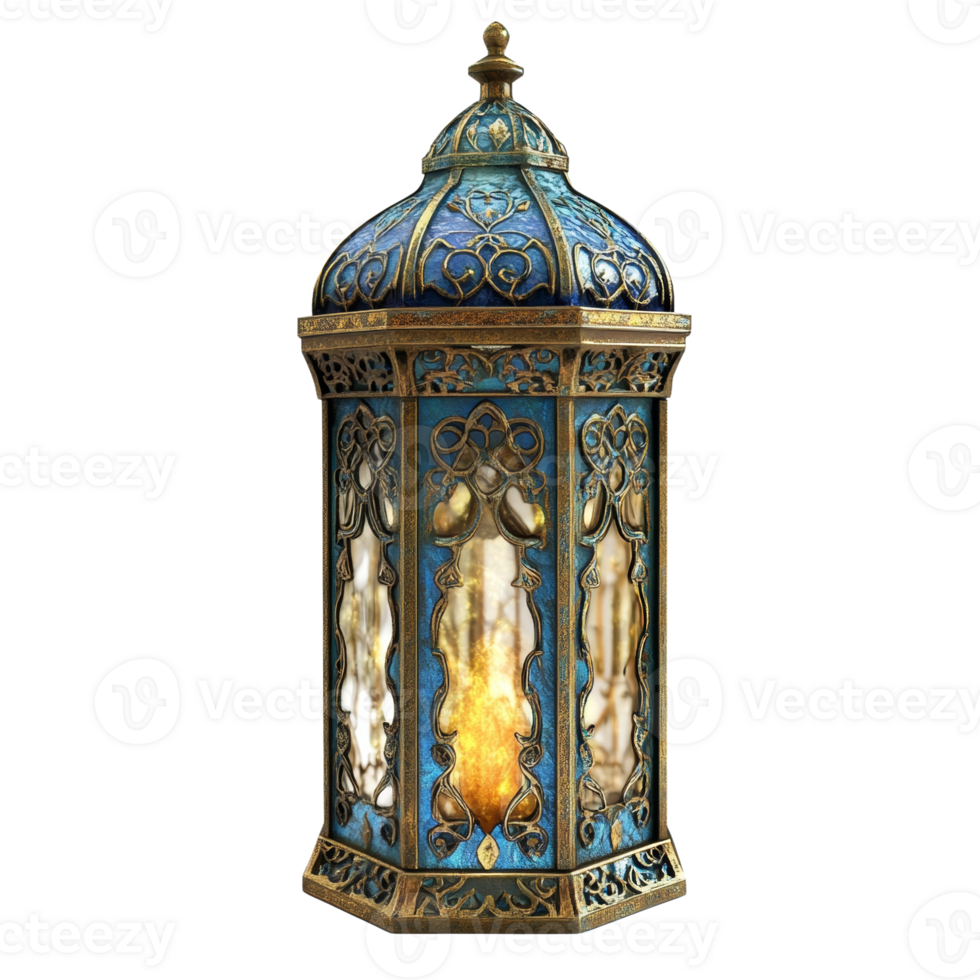 Ornate Blue And Gold Lantern With A Burning Flame png