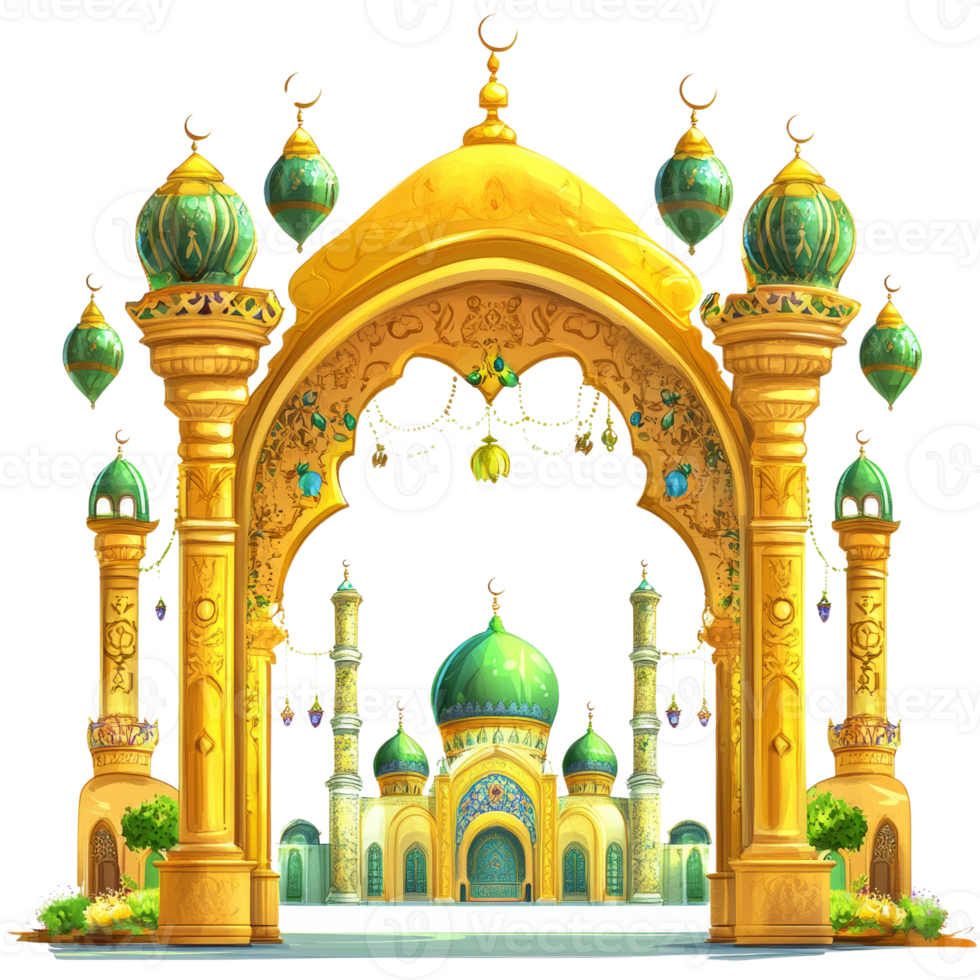 Ornate Golden Archway Leading to a Majestic Mosque png