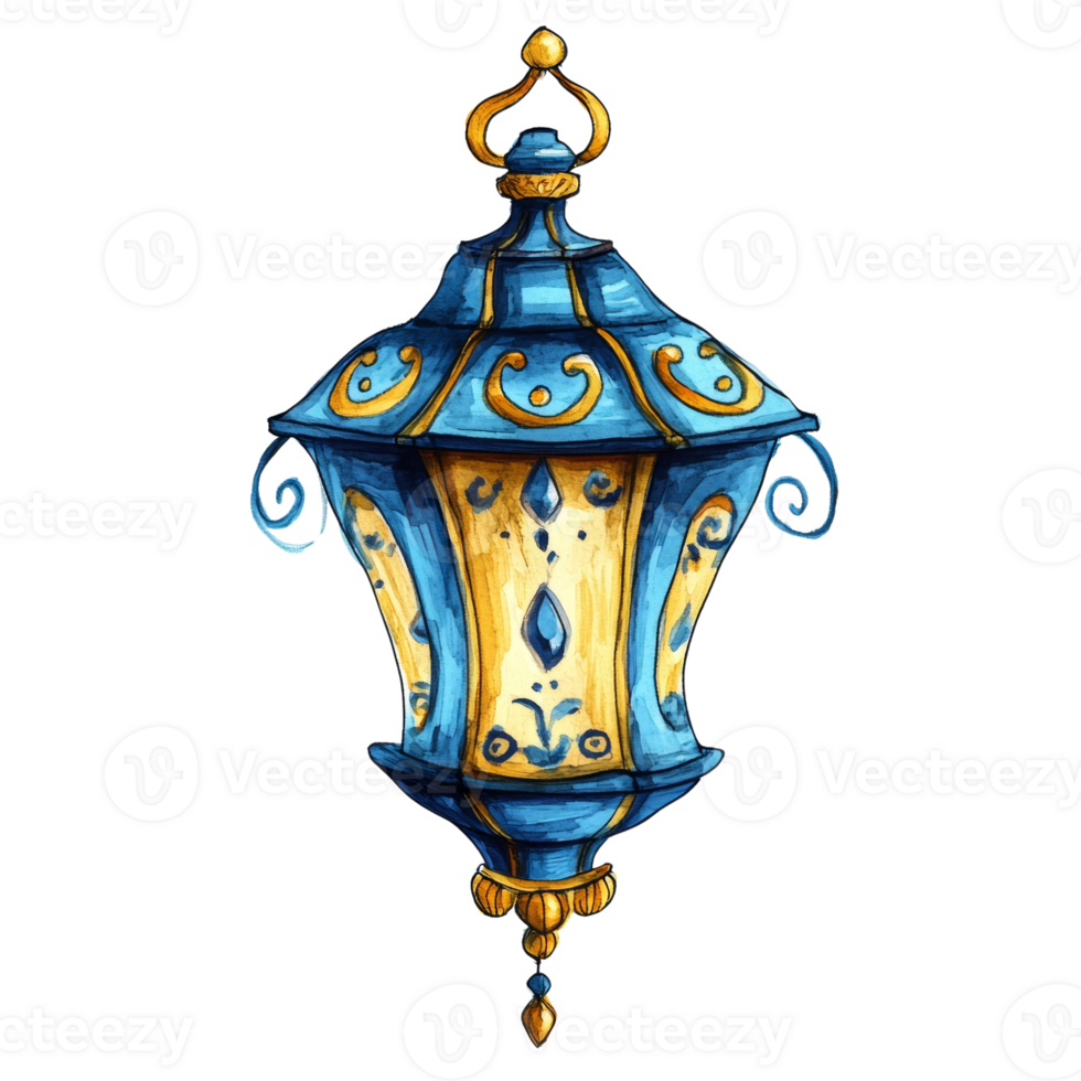 An ornate blue and gold hanging lantern design png