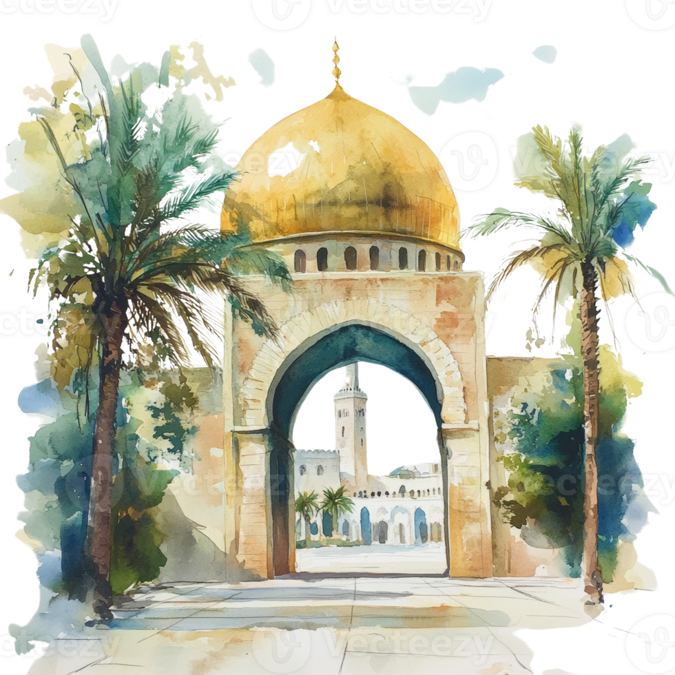 Golden Dome Mosque Archway Watercolor Painting png