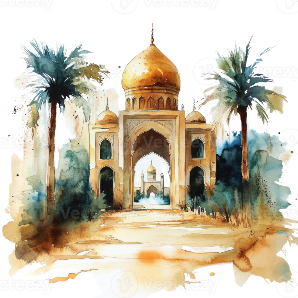Golden Mosque Gateway Watercolor Landscape Painting png