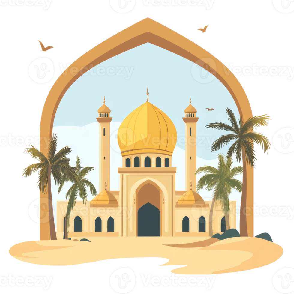 Majestic Mosque in Desert Oasis Setting with Palm Trees png