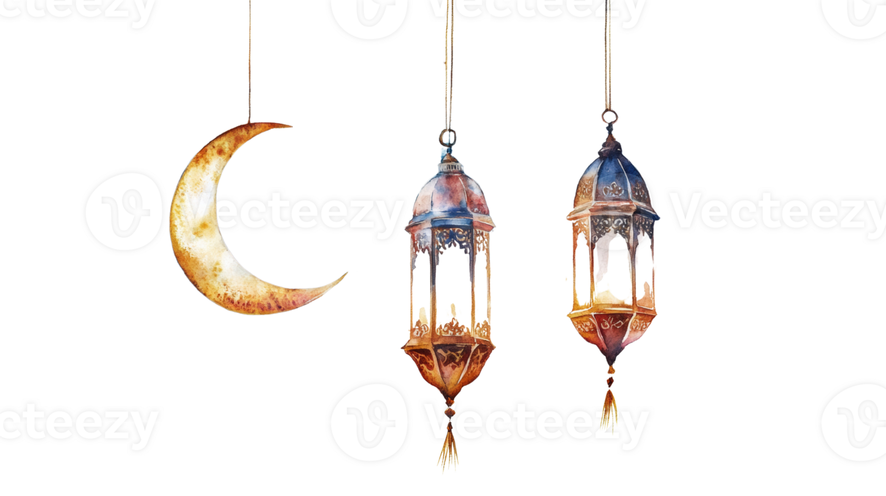 Crescent Moon and Ornate Hanging Lanterns Watercolor Artwork png