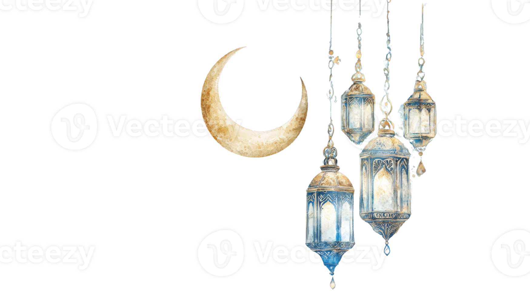 Crescent Moon and Ornate Hanging Lanterns Design png