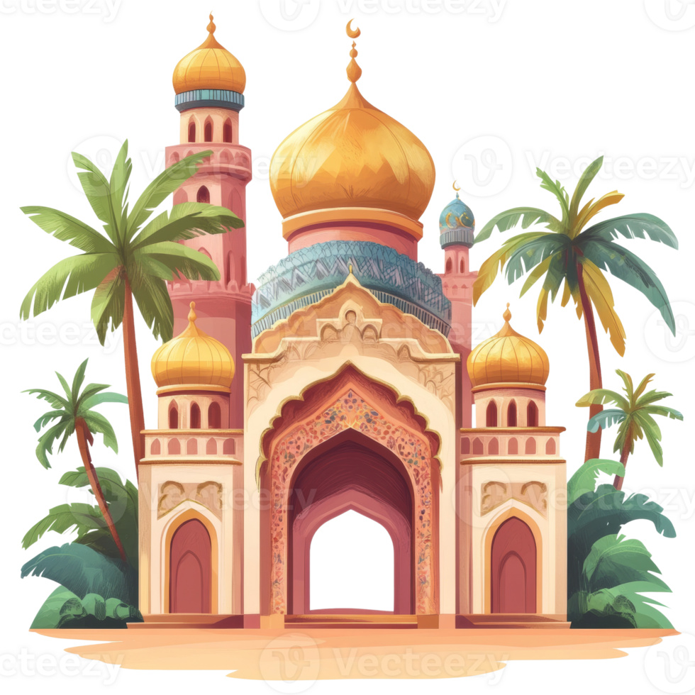 Majestic Mosque Architecture Amidst Lush Palm Trees png