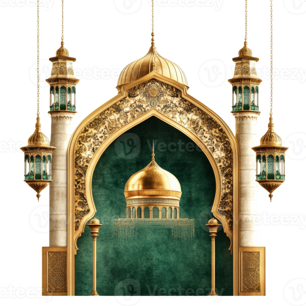 Ornate Golden Mosque Archway With Hanging Lanterns png