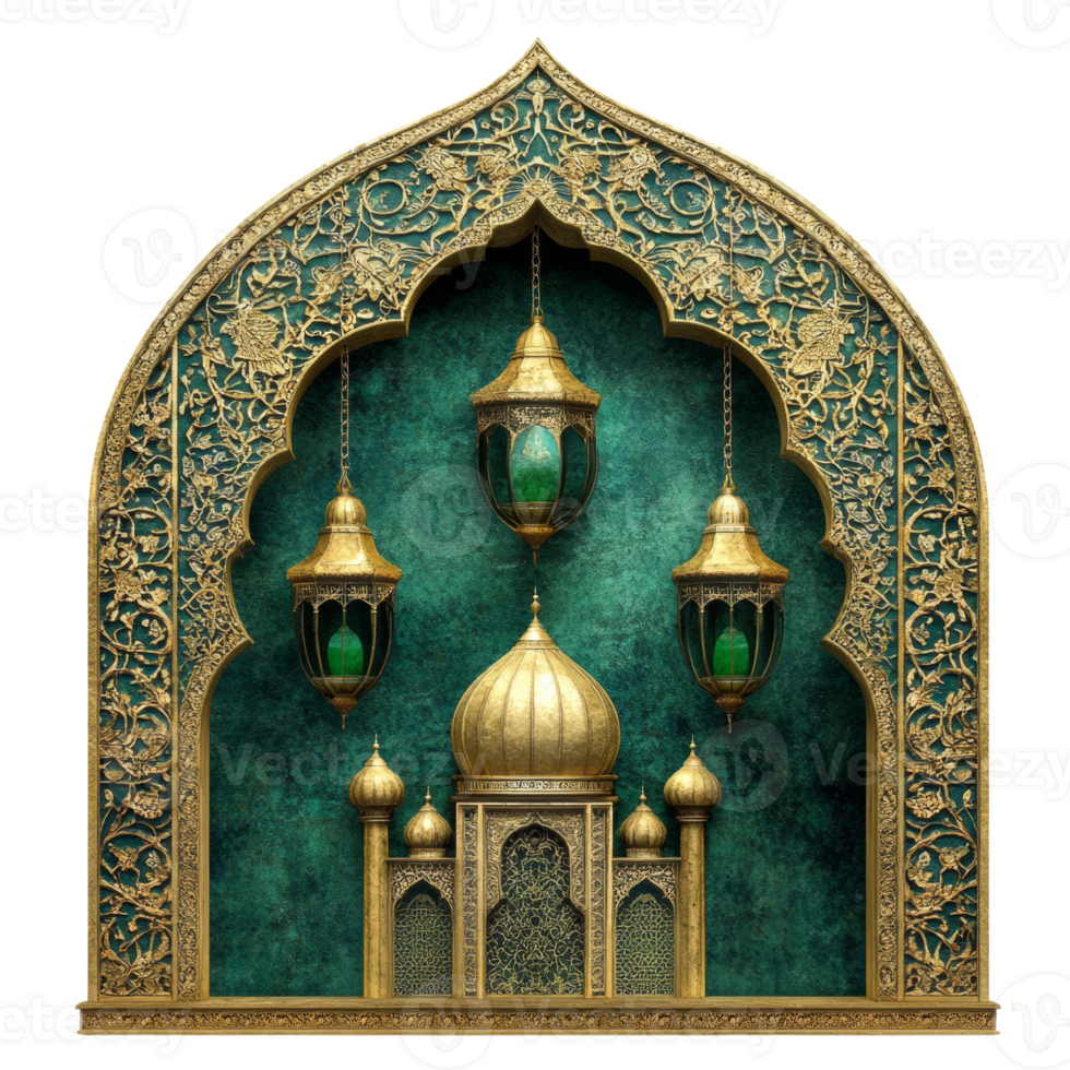 Ornate Golden Archway with Lanterns and Mosque Model png