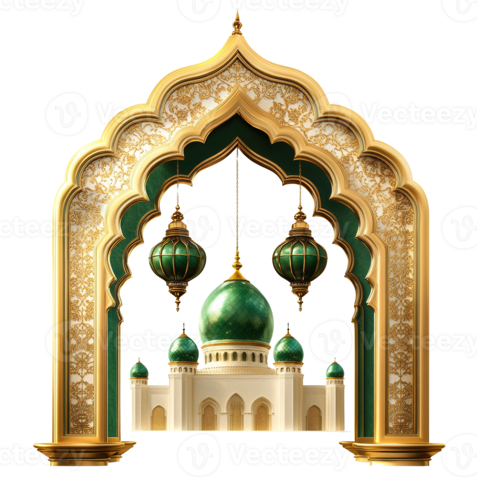 Elegant Golden Archway Framing Mosque With Lanterns png