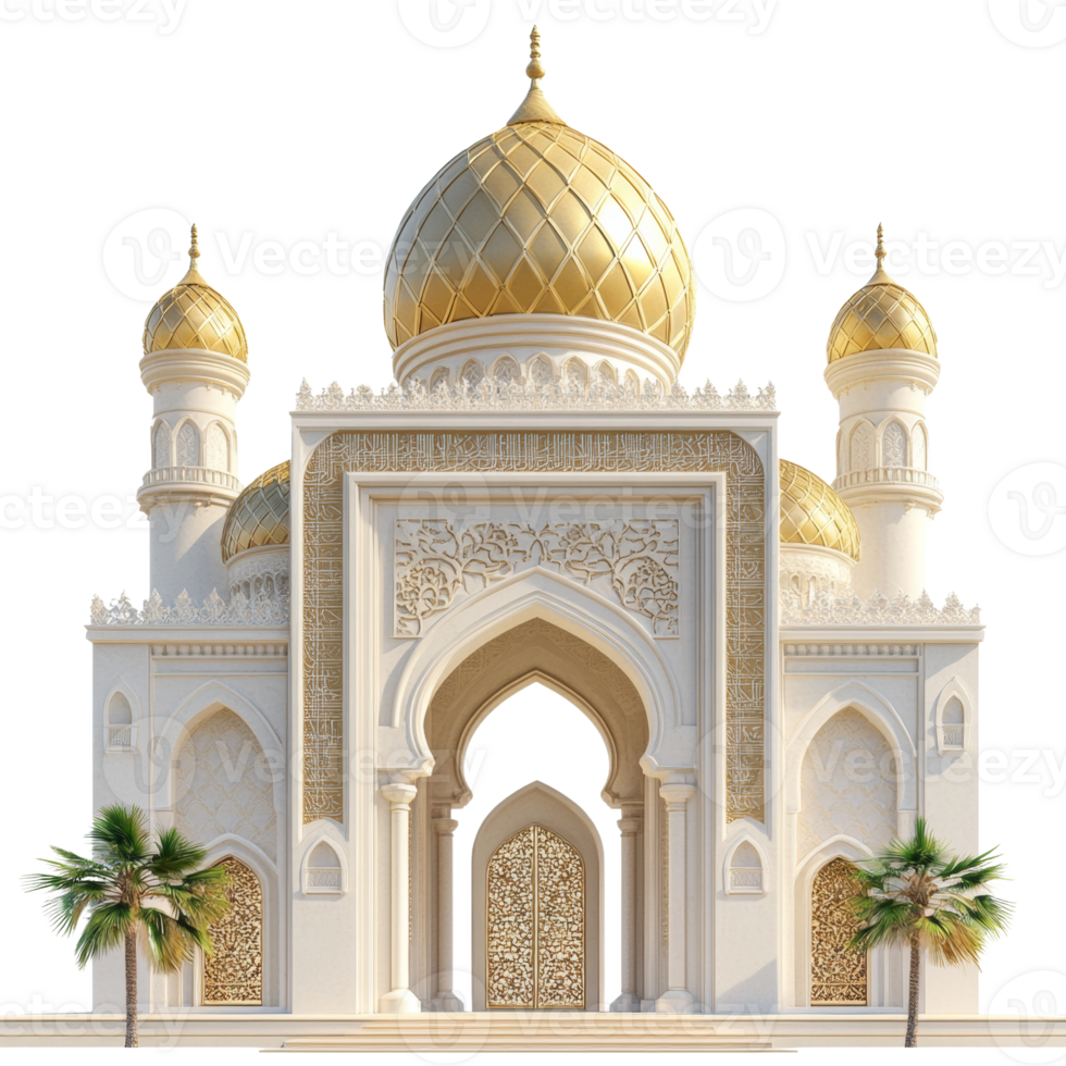 Elegant Mosque Facade with Golden Domes and Palm Trees png