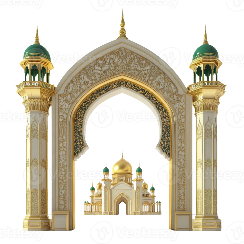 Ornate Archway Framing a Golden Mosque Building png