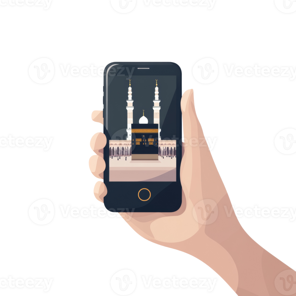 A hand holds a phone displaying the Kaaba and Masjid png