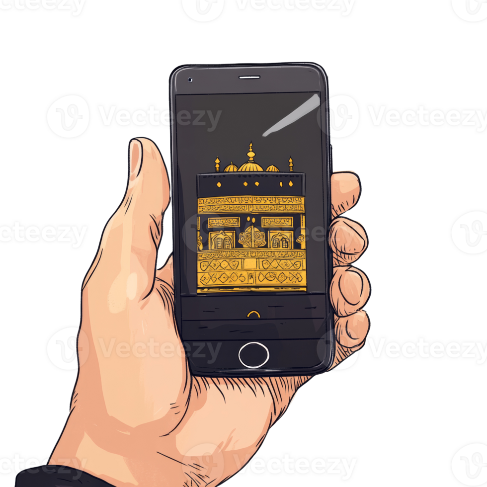 A Hand Holds A Smartphone Displaying The Kaaba. isolated transparent png
