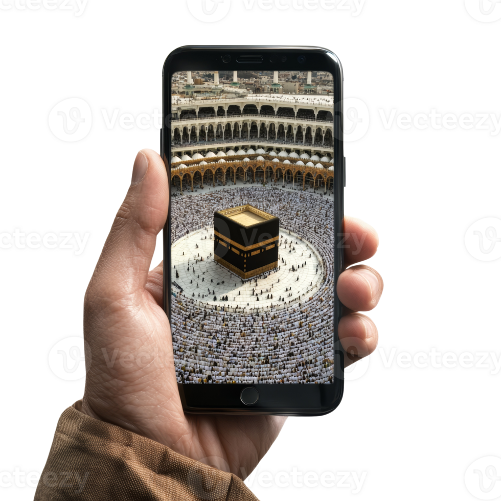 A Hand Holds a Phone Displaying the Kaaba png