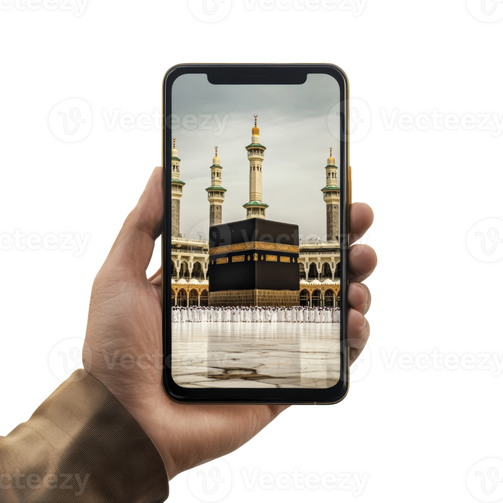A hand holds a phone displaying the Kaaba in Mecca png
