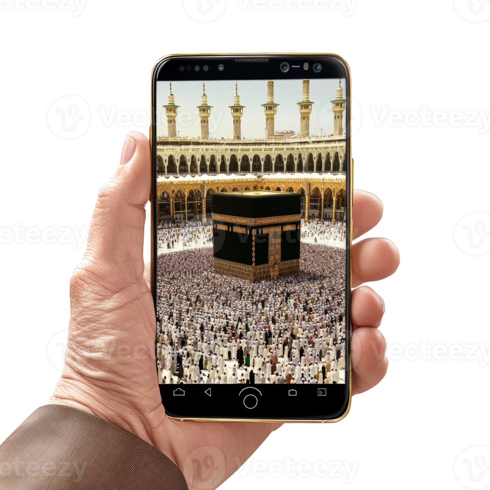 A Hand Holds A Smartphone Displaying The Kaaba. isolated png
