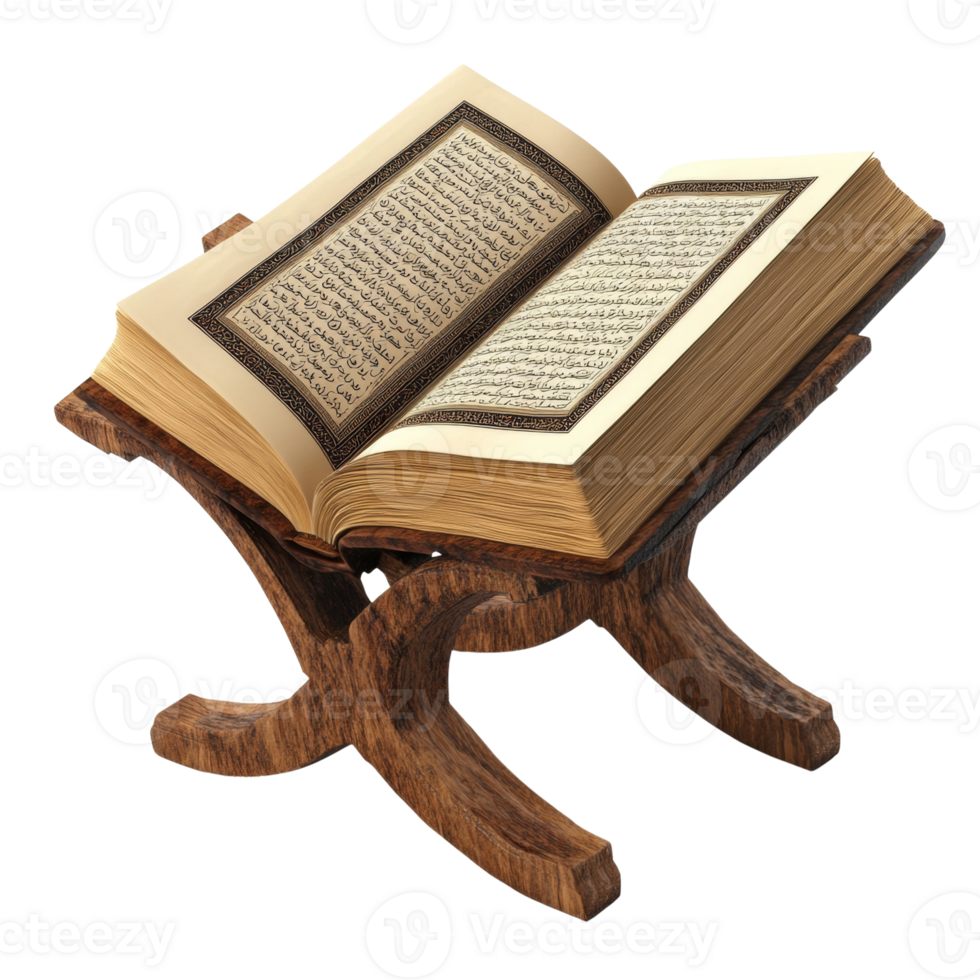 Quran open on a wooden stand displaying arabic script png
