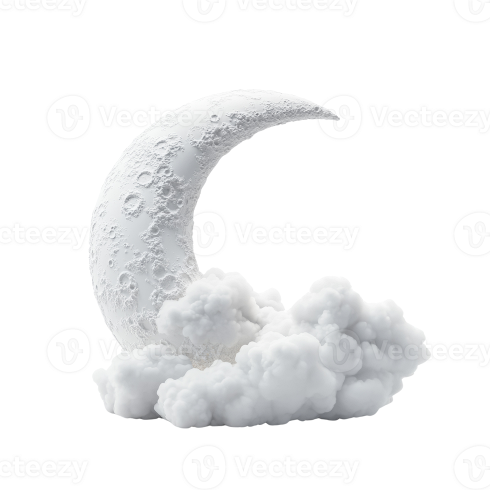 A white crescent moon rests on fluffy white clouds png