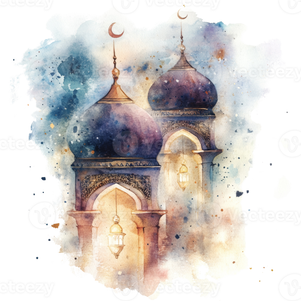 Watercolor Painting of Two Mosque Domes at Night png