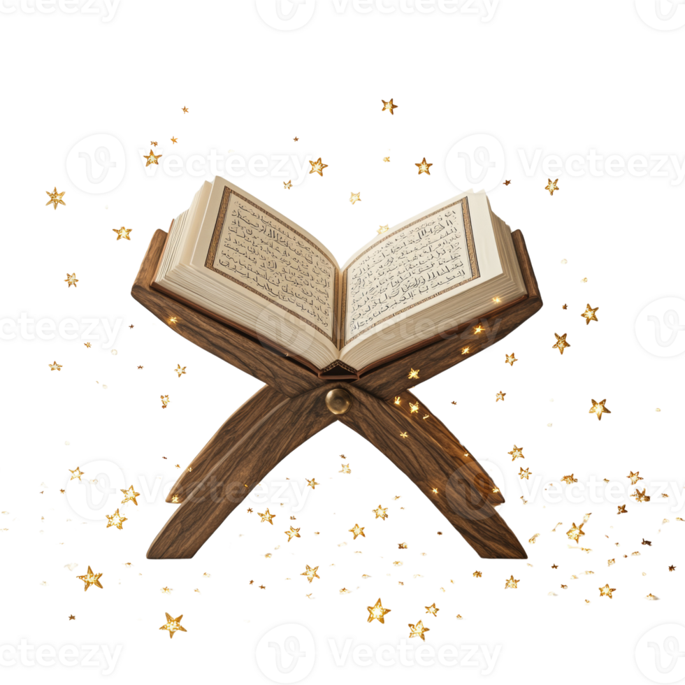 Quran Open on Wooden Stand with Golden Stars png