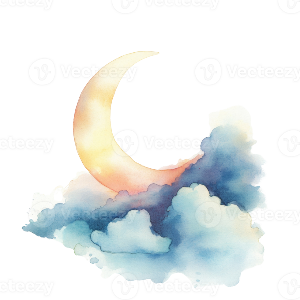 Watercolor Painting of a Crescent Moon on Clouds png